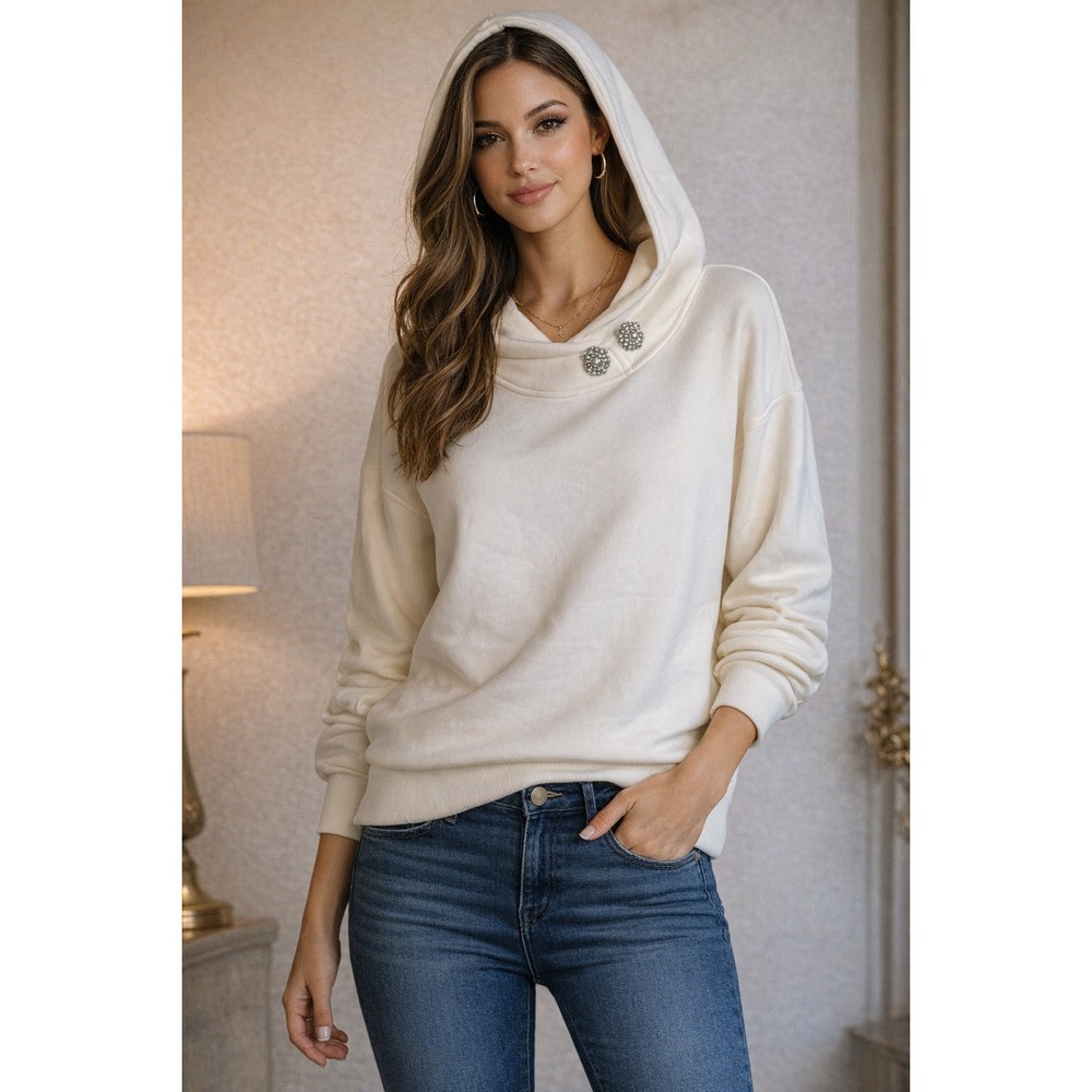 ba&sh‎ Paris Embellished Hoodie Sweatshirt Cream Made in Portugal Womens M